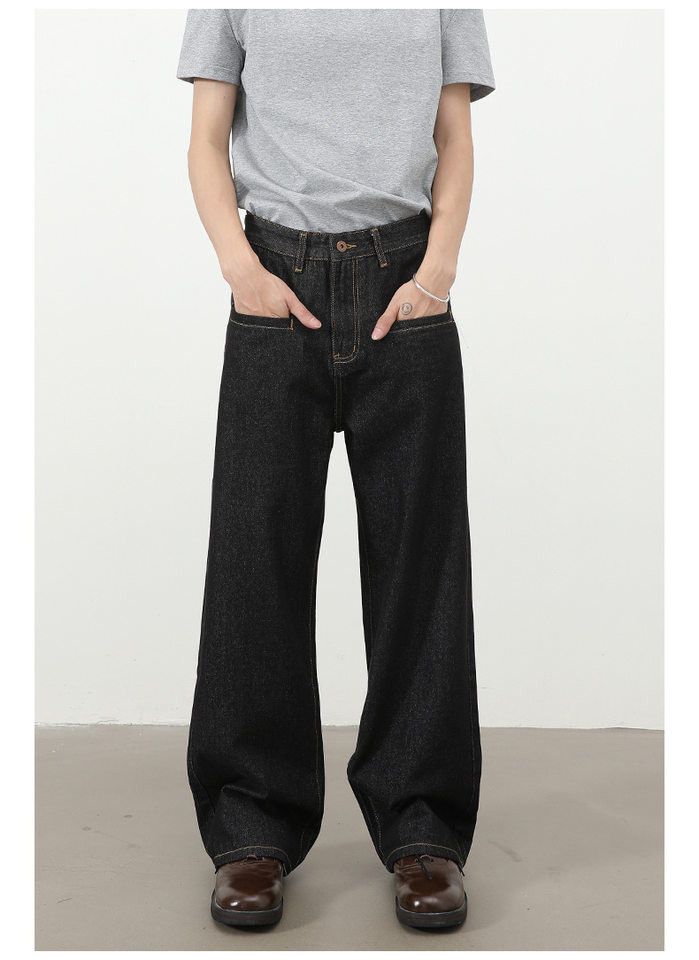 Quần jean nam ống rộng dáng suông có túi kiểu Hàn Quốc — Denim đen, màu xanh denim chi tiết 9