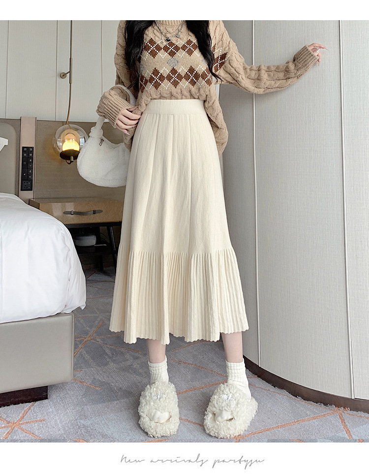 Pleated Knitted Skirt Women'S Autumn And Winter New Fashion High Waist Korean Version Casual And Thin Big Swing Skirt A-Shaped Skirt Umbrella Skirt 28 Undefined