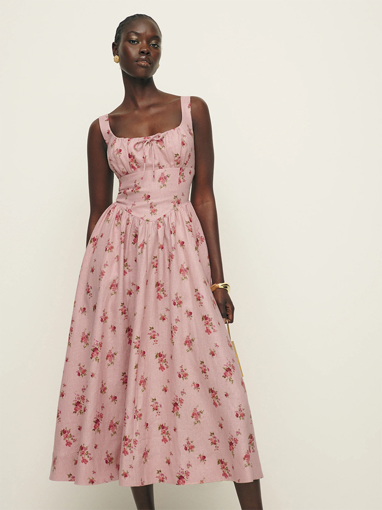 在庫あり789夏新作ref2024リネンピンクスクエアネックミドル丈リゾート風ワンピースフレンチレトロレディース