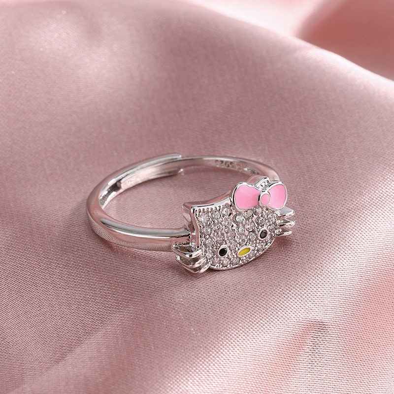 Кольцо-котик Xinyi Kitty Cat Ring - одноразмерное, милое мультяшное кольцо с розовым бантом и блестящими кристаллами
