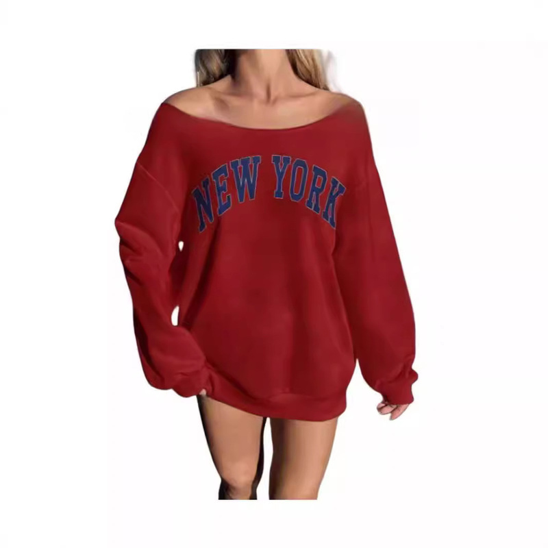 2024 European and American Casual Loose Pullover Women's Simple Letter Print Shoulder Long Sleeve Sweatshirt Women