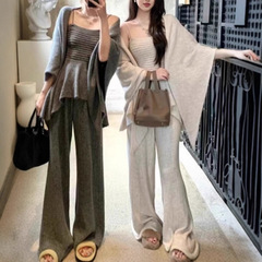 设计感不规则披肩吊带阔腿裤三件套女跨境宽松慵懒风气质针织套装