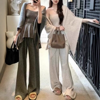 设计感不规则披肩吊带阔腿裤三件套女跨境宽松慵懒风气质针织套装