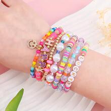 跨境亚马逊热销儿童彩色软陶笑脸HAPPY珍珠字母手链米珠花朵串珠