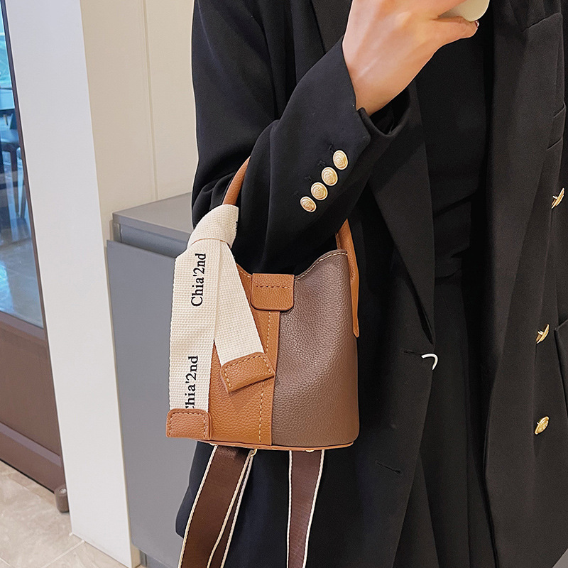 DIY bolso hecho a mano bolsa de cubo hecho en casa bolsa de material bolso de la vendimia suave pu costura contraste color hombro bolsa de mensajero para las mujeres