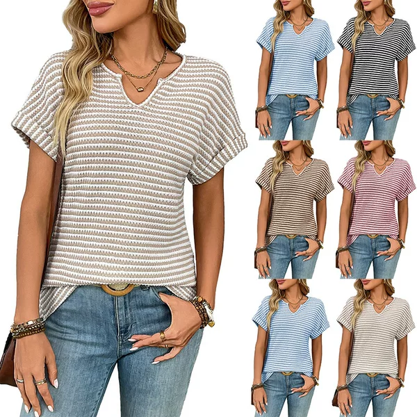 Cross-border Europe and America 2025 Summer New Amazon Women's V-neck Short-sleeved Loose Striped Casual Pullover T-shirt