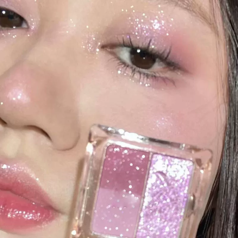 Eyeshadow Duo, pink–purple shiny palette, sequin finish, handheld compact