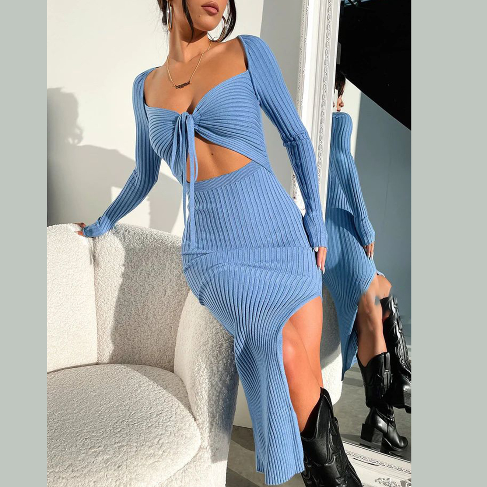 Women's Slit Dress Sexy V Neck Long Sleeve Solid Color Midi Dress Date display picture 1