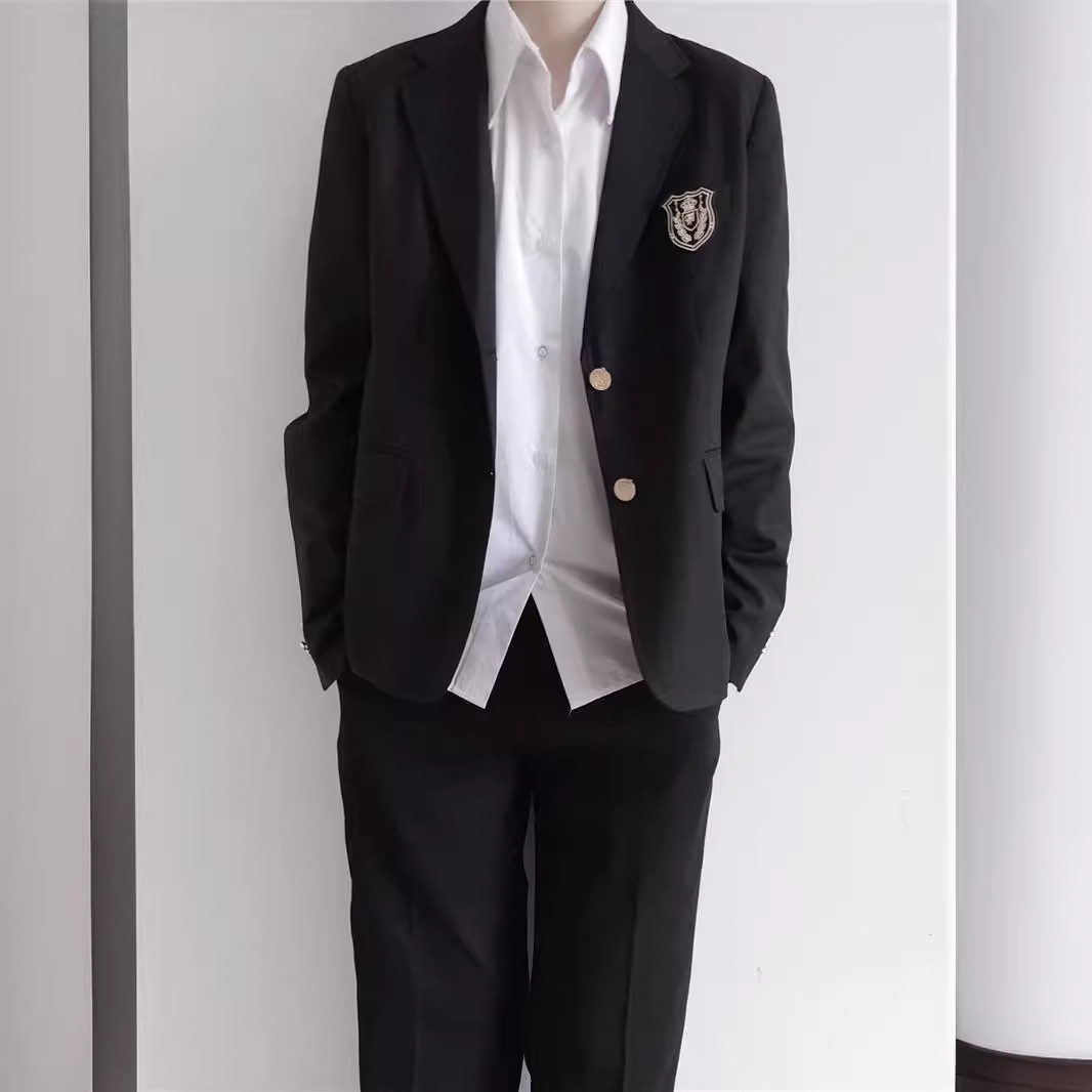 Men's white long-sleeved shirt + black tie + serge black pants + black two-button long suit