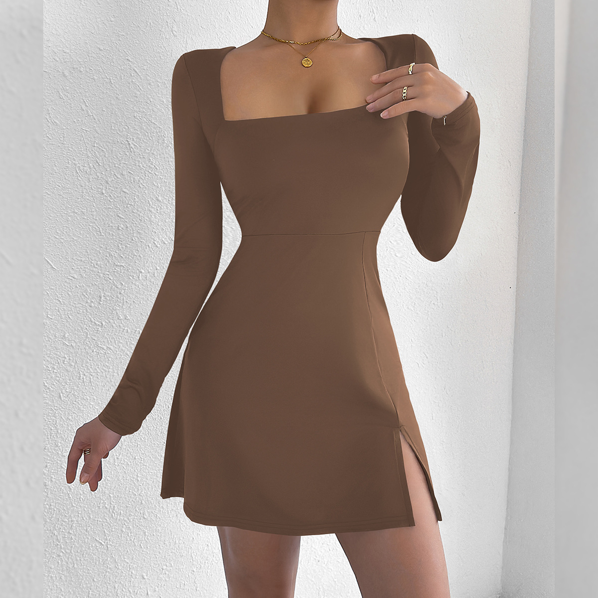 Women's Square Neck Long Sleeve Mini Dress American Style Tight Fit Sexy Fashion Casual Elegant Design For Summer_ecoleips.com