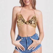 跨境欧美亮片比基尼亚克力亮片镂空性感爱心型吊带小背心定制工厂