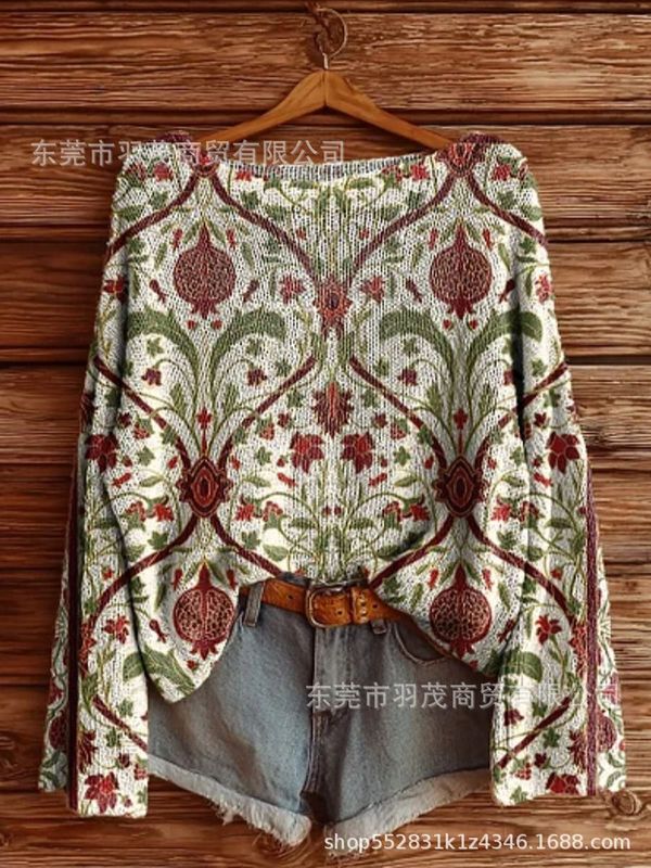 独立站新款高领卫衣仿毛衣 秋冬季碎花圆领宽松毛衣2|undefined