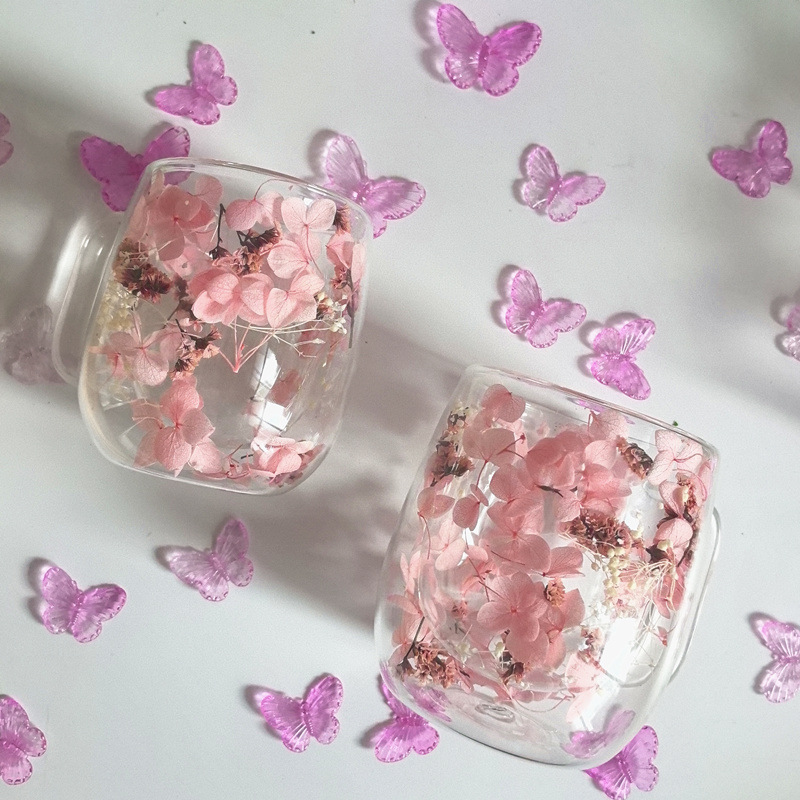 Taza de flores secas fresca pequeña Taza de vidrio de doble capa Taza de recuerdo creativa Suministro transfronterizo Taza de flores secas de alto valor