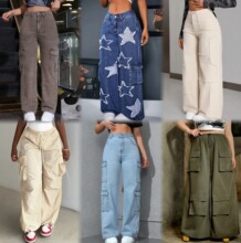 女士牛仔裤宽松多口袋工装长裤Jeans批发 Cargo pants wholesale