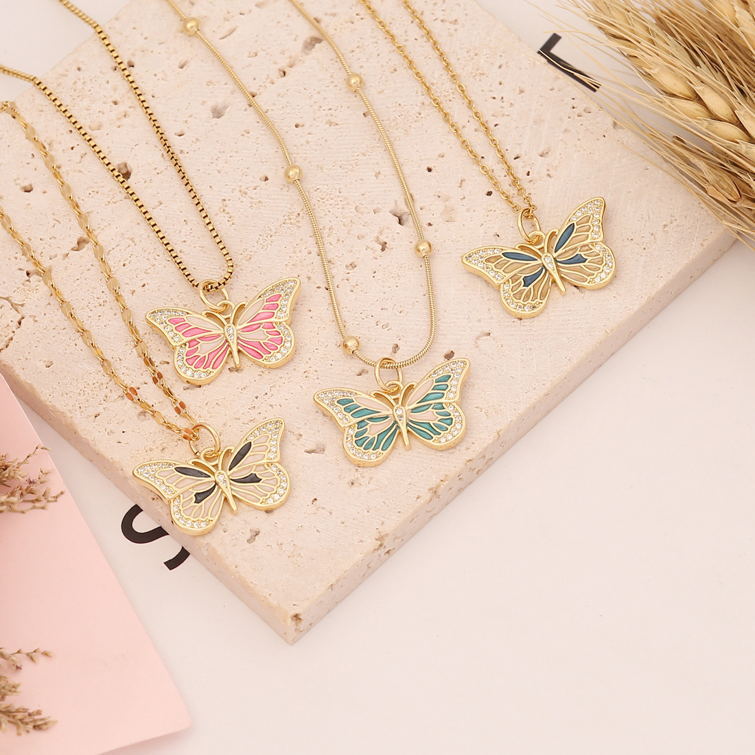 Oil Dripping Butterfly Copper Zircon-Inlaid Pendant necklace
