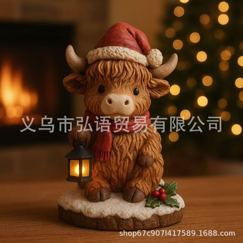跨境创意圣诞节装饰戴圣诞帽小牛提灯发光小摆件桌面节日氛围装饰|undefined