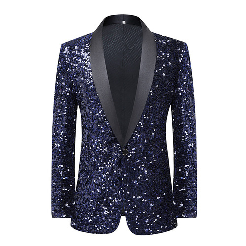 Navy blue sequins glitter jazz dance blazers for men youth bar nightclub band singers choir host stage performance Wedding party groomsman dress suit jackets