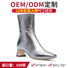 外贸代工定制女鞋 欧美尖头时尚女靴 PU粗跟女靴真皮高档时装女靴