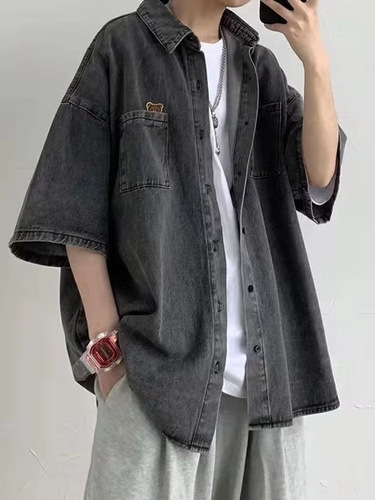 Spring and Autumn Korean Version Trendy Denim Shirt for Men Short Sleeve Loose Hong Kong Style Retro Versatile Casual Collarless Top