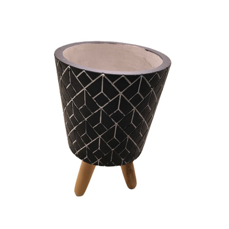 Factory Direct Sales of New Cement Flower Pots with Wooden Base, Stylish Office Desktop Planters for Green Plants