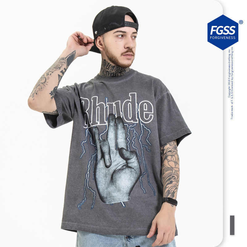 FG ropa de Hombre | Primavera y verano de gran tamaño de Europa y América marca de moda suelta personalidad Inglés Rock impresión manga corta Camiseta de los hombres