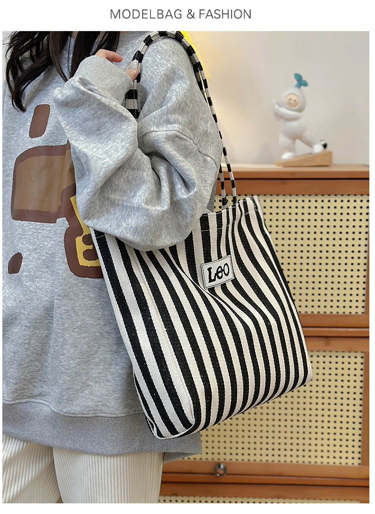 2024 Summer new canvas shoulder bag Tote bag, black and white striped trendy patchwork large capacity handbag undefined