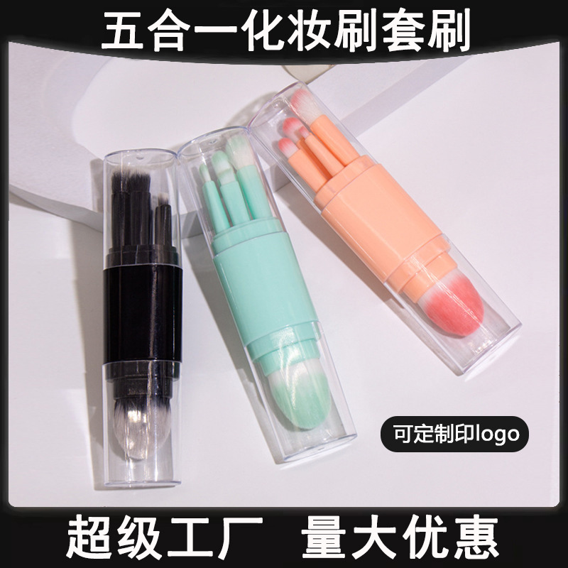 Cinco en uno cepillo de maquillaje portátil de doble cabeza con tapa cepillo de blush en polvo cepillo de sombra de ojos herramienta de maquillaje multifuncional