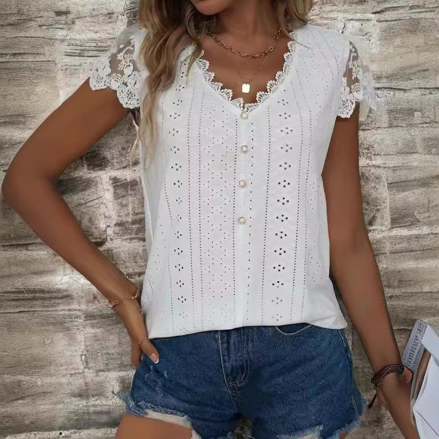Amazon 2024 Wish New Arrival: European and American Style Solid Color Lace V-Neck Short-Sleeve T-Shirt Top