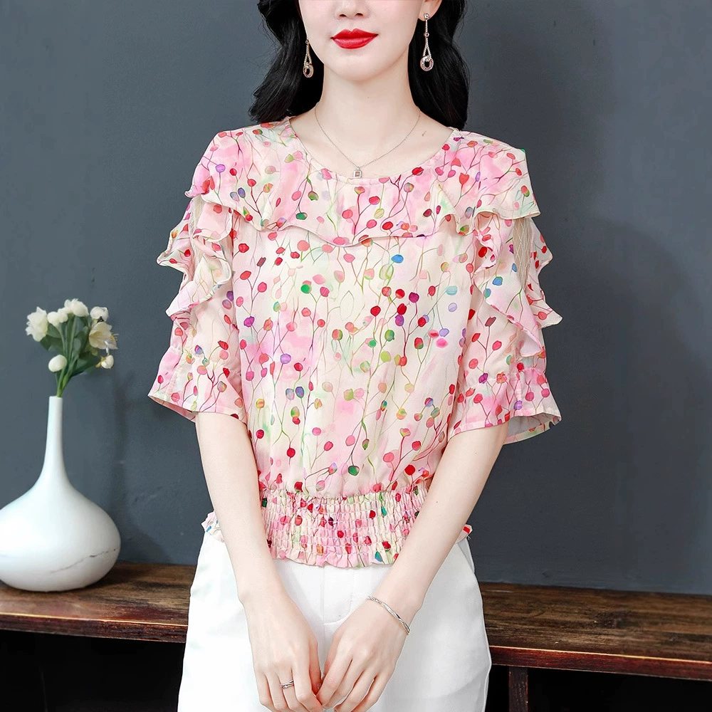 Шифоновая рубашка со средними рукавами и цветочным принтом для женщин, новый летний стиль, красивая рубашка, уменьшающая возраст, элитный короткий топ в западном стиле.
