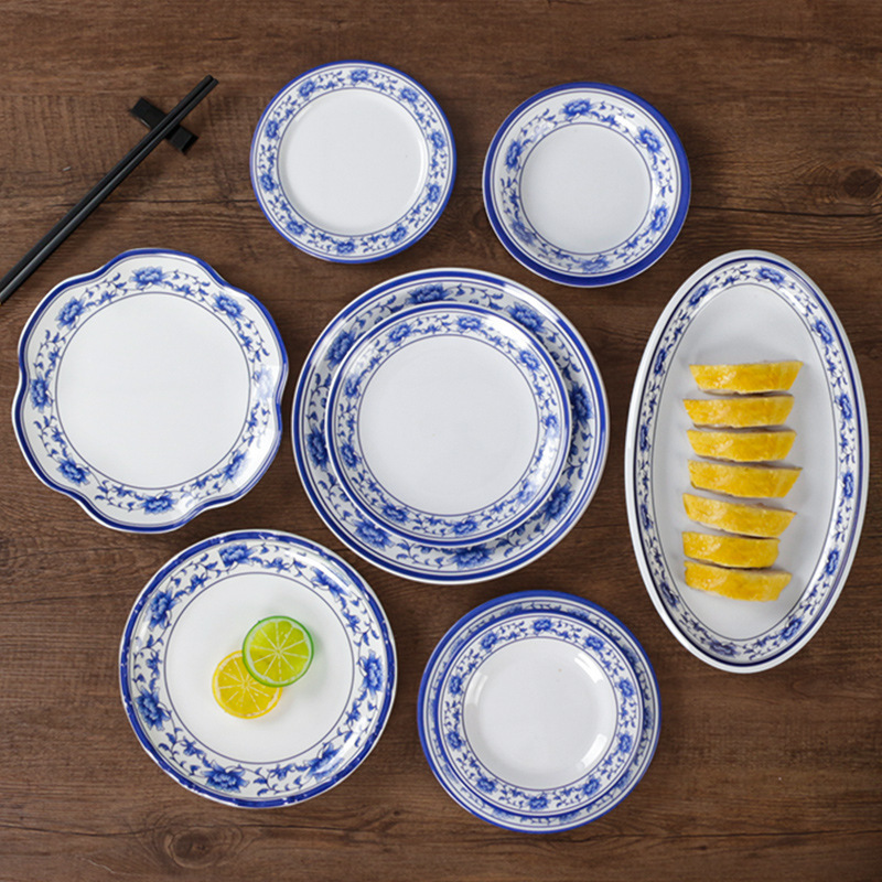 Blue and White Porcelain-Mimicking Plastic Dinner Plate with Circular Edge, Plastic Rimmed Plate, Ceramic-Look Round Plate, Commercial Flat Plate, Shallow Plate