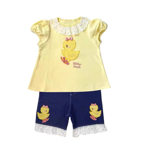 ST children's clothing Shirley Dengbo summer girl baby cartoon little yellow duck lace collar short-sleeved T-shirt tops for sale