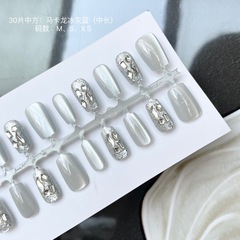 30片手工穿戴美甲新中方馬卡龍冰灰藍鑽中長款可拆卸美甲貼片