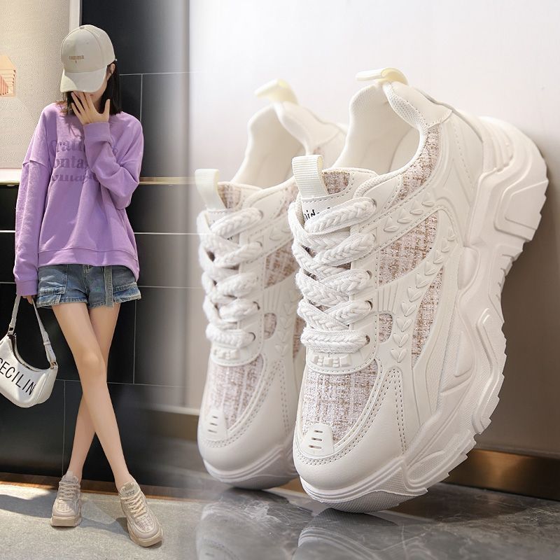 Papá zapatos mujer ins marea primavera 2025 nuevos zapatos de mujer de suela gruesa transpirables zapatos casuales blancos deportivos de todo fósforo