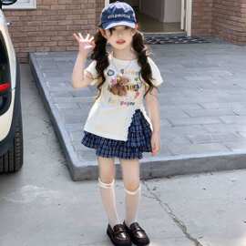 女童夏装短袖夏季格子两件套小熊新款开叉儿童洋气蛋糕套装其他无