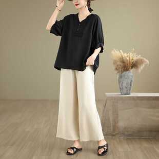 Cotton and Linen Short-Sleeved Real Shot Plus Size Women's Clothing 2025 New Mom Summer Classy Linen Loose Fat mm Belly Covering Suit