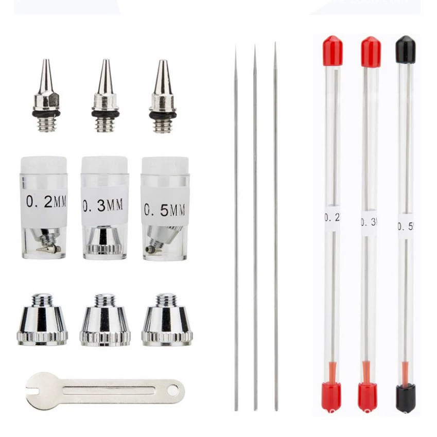 Аксессуары для аэрографа: игла, сопло, колпачок, пылезащитный колпачок, клапан подачи воздуха, соединитель, воздушный шланг, ручка, аэрограф 0.20.305