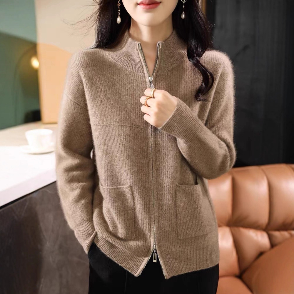 毛线开衫女半高领双拉链外套秋冬款宽松毛衣针织上衣