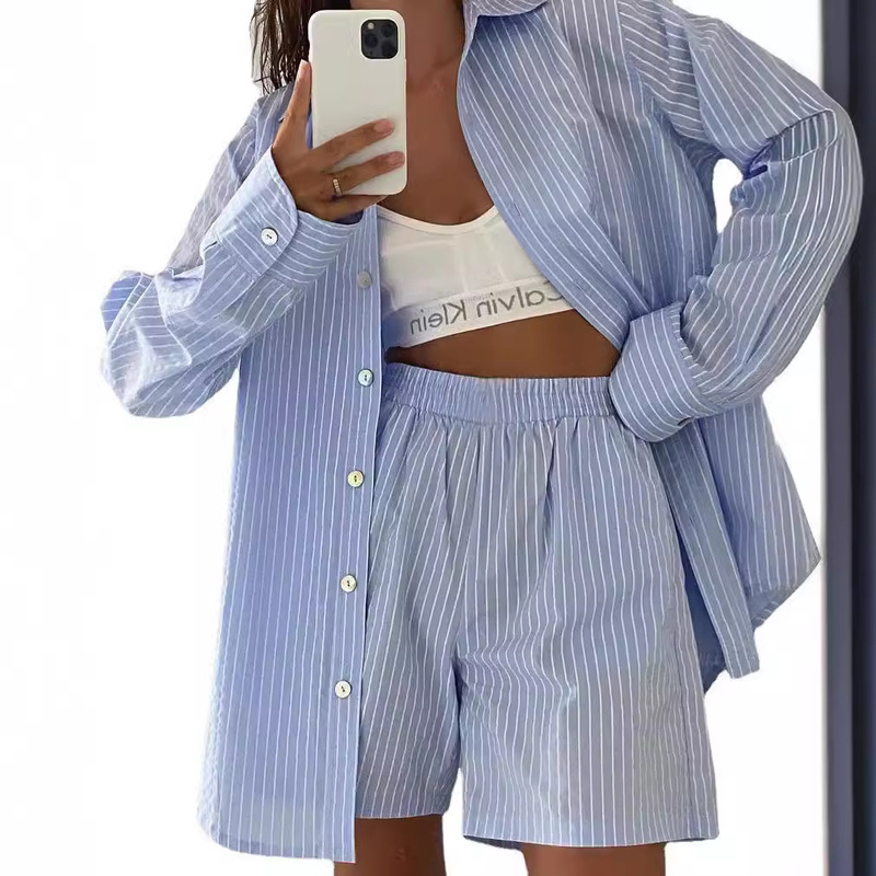 2024 Casual Sportswear Women's Shorts Set Long Sleeve Striped Shirt and High Waist Loose Shorts Two-Piece Set