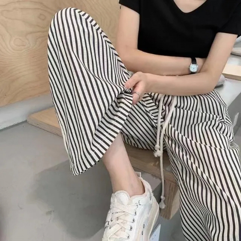 大码女装200斤条纹冰丝阔腿裤夏季薄款百搭抽绳宽松直筒休闲裤女