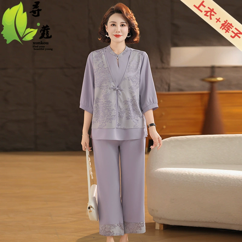 Увеличьте жир среднего и пожилого возраста, модный костюм среднего возраста, тонкий летний набор из двух частей, темперамент, свободная одежда для свекрови
