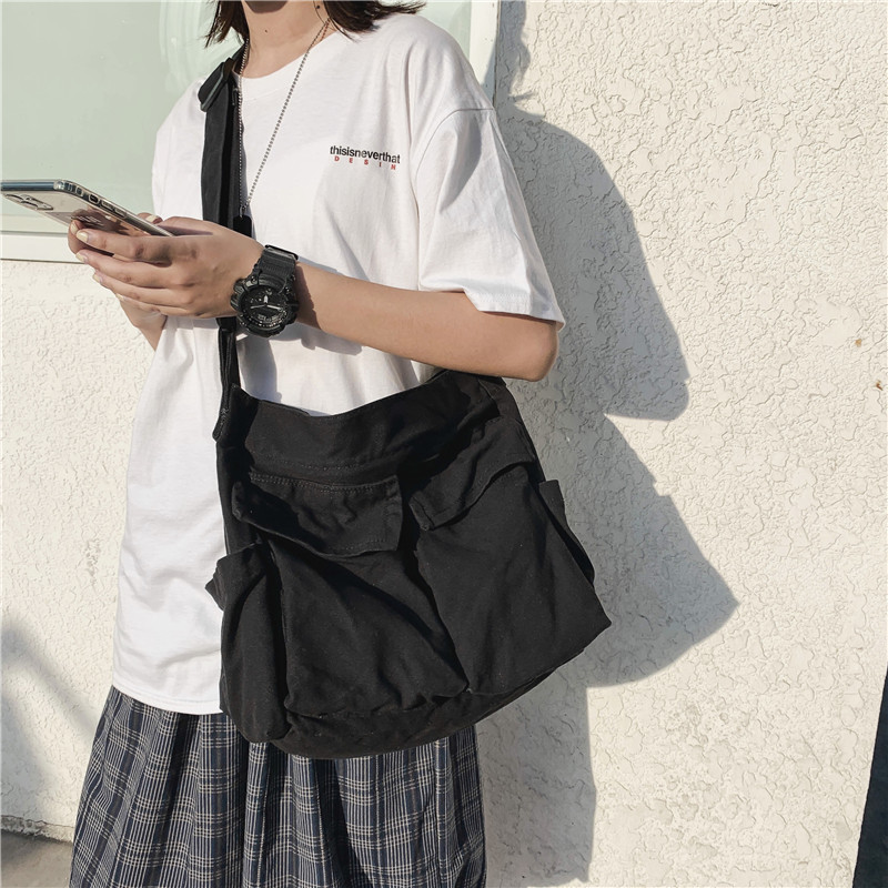 Insキャンバスバッグ女子工装風シングルショルダーバッグ男子学生授業バッグ街頭大容量文芸レジャーバッグ|undefined
