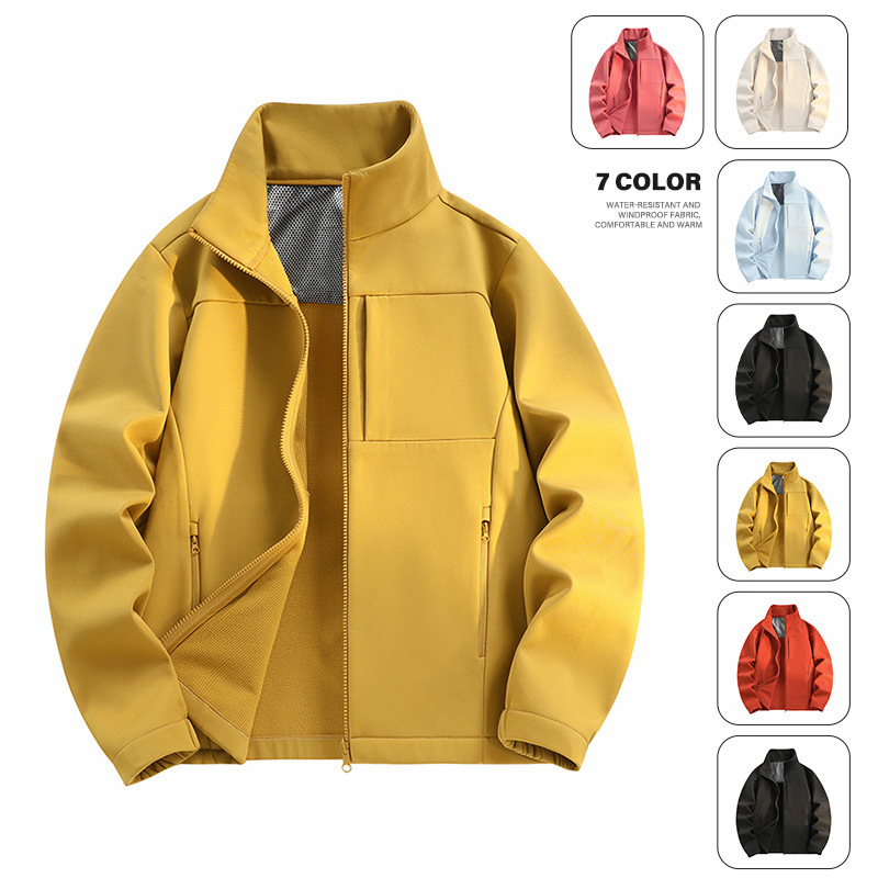 New stand-up collar soft shell jacket for men and women, autumn and winter composite fleece lining, spliced heat-retaining graphene shoulder protection coat New stand-up collar soft shell jacket for men and women, autumn and winter composite fleece lining, spliced heat-retaining graphene shoulder protection coat