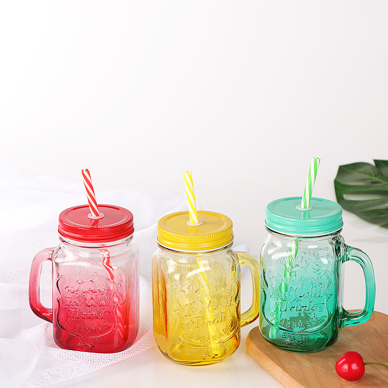 Gradient colorful glass cups juice drink cups transparent with lid drink handle cups office coffee cups drink cups
