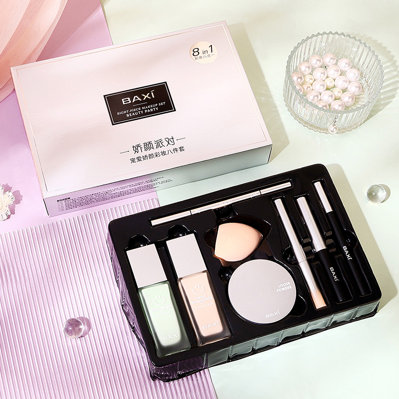 Baxi Baxi Makeup Eight-Piece Set Beauty Egg Liquid Foundation Concealer Liquid Isolation Loose Powder Eyeliner Mascara Eyebrow Pencil