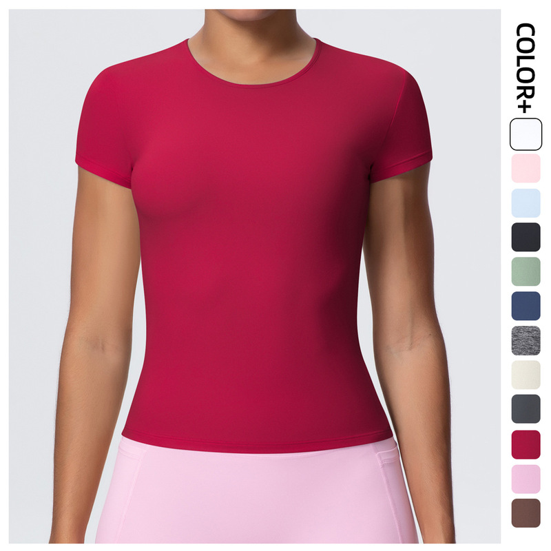 Cross-Border Casual Sports Short-Sleeved Waist Slimming Breathable Yoga T-Shirt Running Training Quick-Drying Nude Fitness Top Cross-Border Casual Sports Short-Sleeved Waist Slimming Breathable Yoga T-Shirt Running Training Quick-Drying Nude Fitness Top