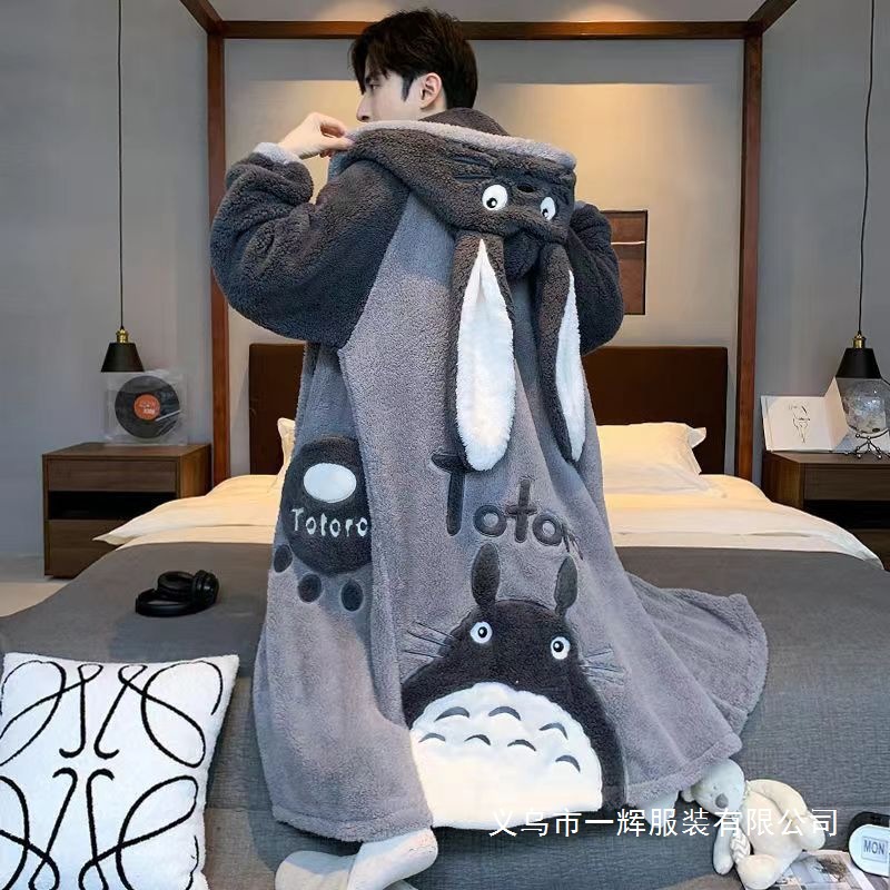Totoro Pajamas for Men, Winter Coral Velvet Thickened Pajamas for Women, Sweet Cartoon Cute Warm Bathrobes with Hoods Available for Wholesale
