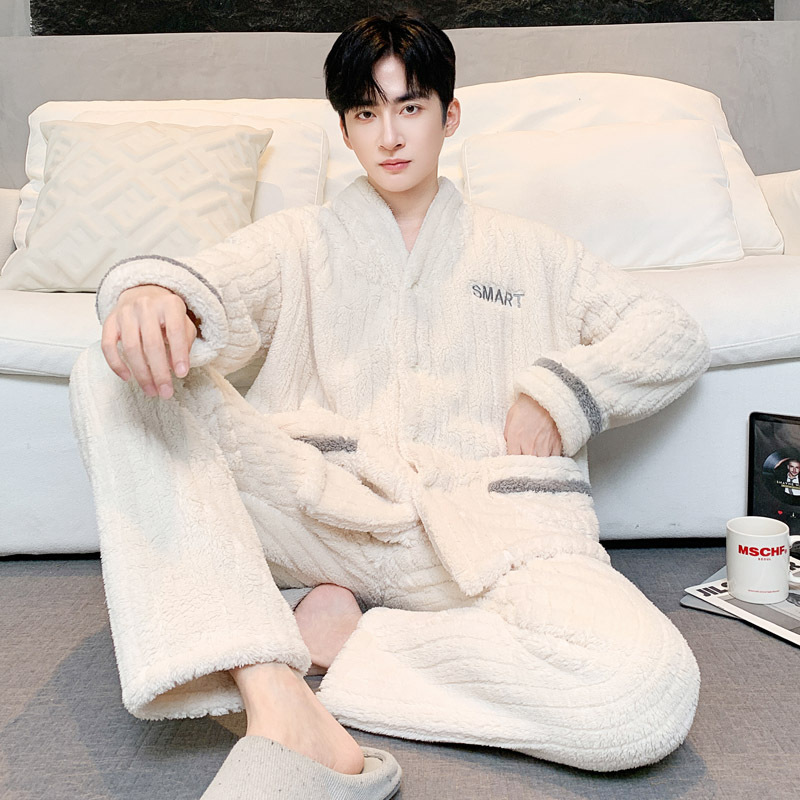 Autumn and Winter Coral Velvet Pajamas for Men Thickeneded Velvet Flannel Warm Large Size Youth Home Clothes New Set