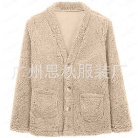 2024亚马逊秋冬欧美外贸休闲羊羔绒宽松女装3纽扣外套