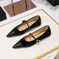 2873-9 Korean version flat shoes for women, shallow mouth Xishi suede splicing pointed metal buckle straight strap flat shoes