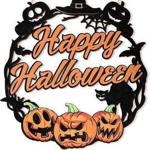 Halloween Decoration, Wooden Pumpkin Door Wreath for Front Door, Black Bat Happy Halloween Cat